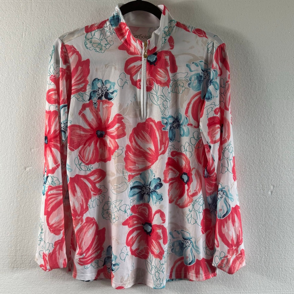 SanSoleil Solcool Print Mock Neck Long Sleeve Tee Floral UV 50+ Cooling size L